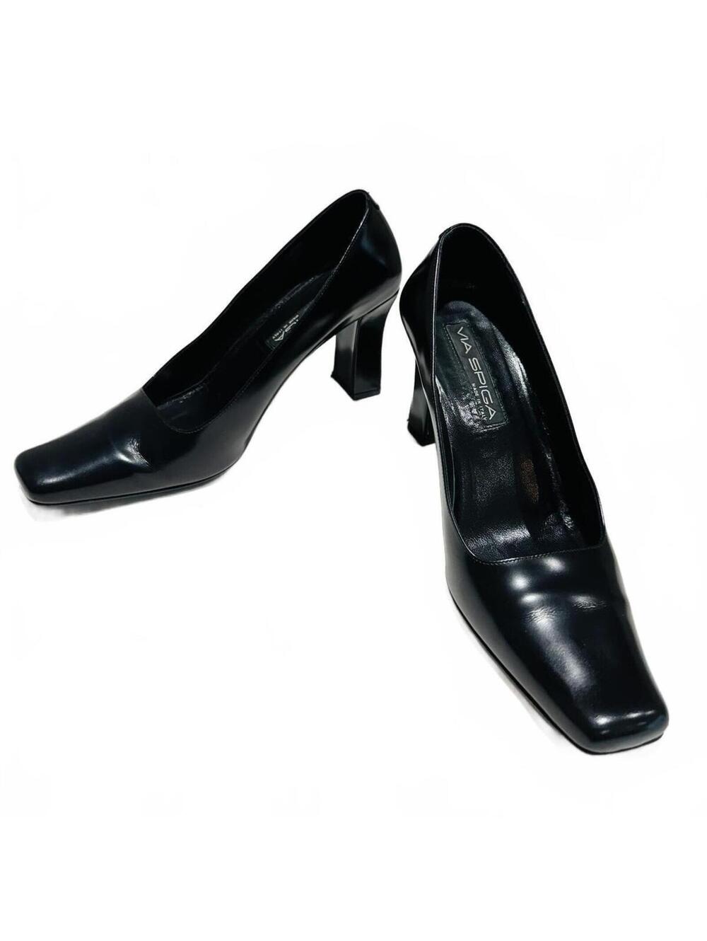 Via Spiga Woman's Black Leather Square Toe Pumps Size US9.5M-EU51